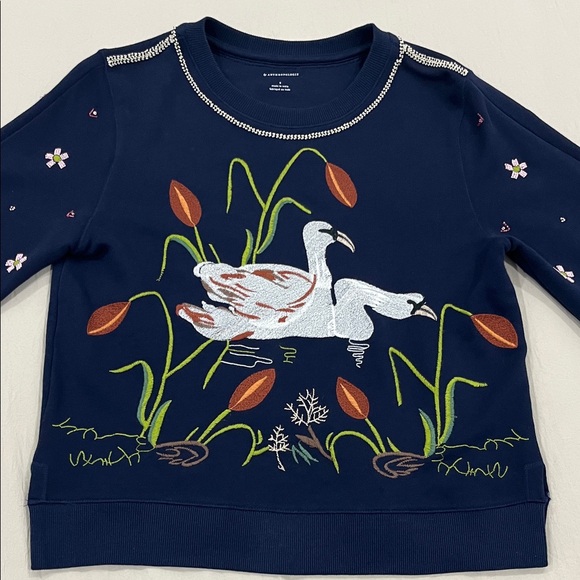 By Anthropologie Maeve Swan Lake Embroidered Navy Sweater - Picture 3 of 13